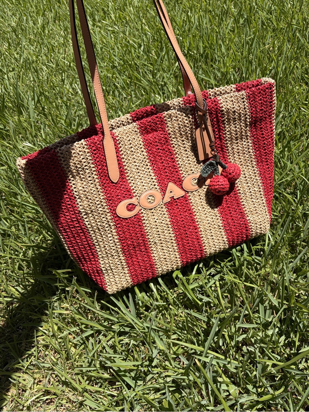 Coach Red and Cream Striped Crochet Tote with Pom-Pom Charm straw city tote new - Picture 4 of 16